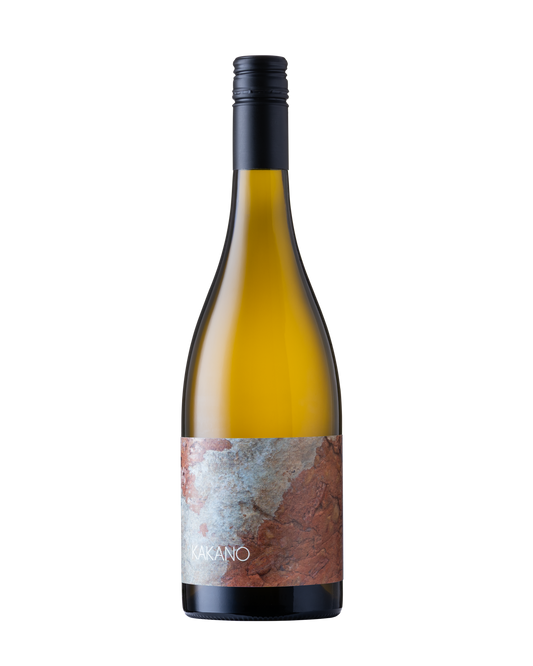 A bottle of Kakano Chardonnay wine with label featuring a textured rock image